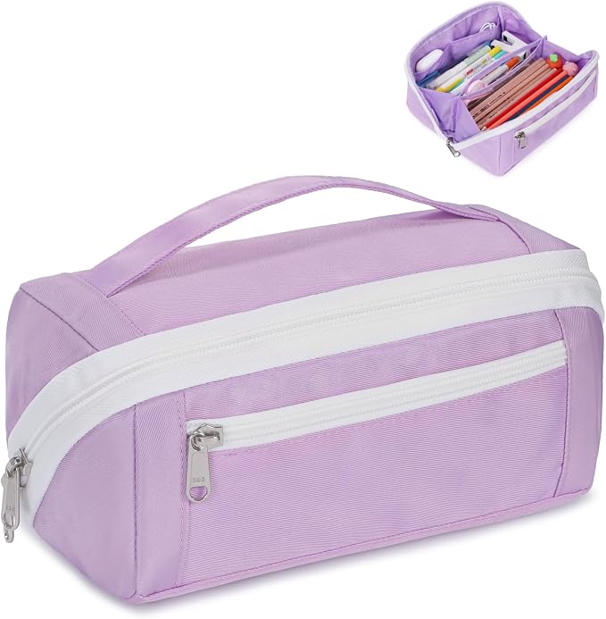 Large Pencil Pouch for Teen Girls, 8 Compartments, Purple | Large capacity pencil case, wide-opening organizer fits calculators, markers, pens; for middle school, high school, college