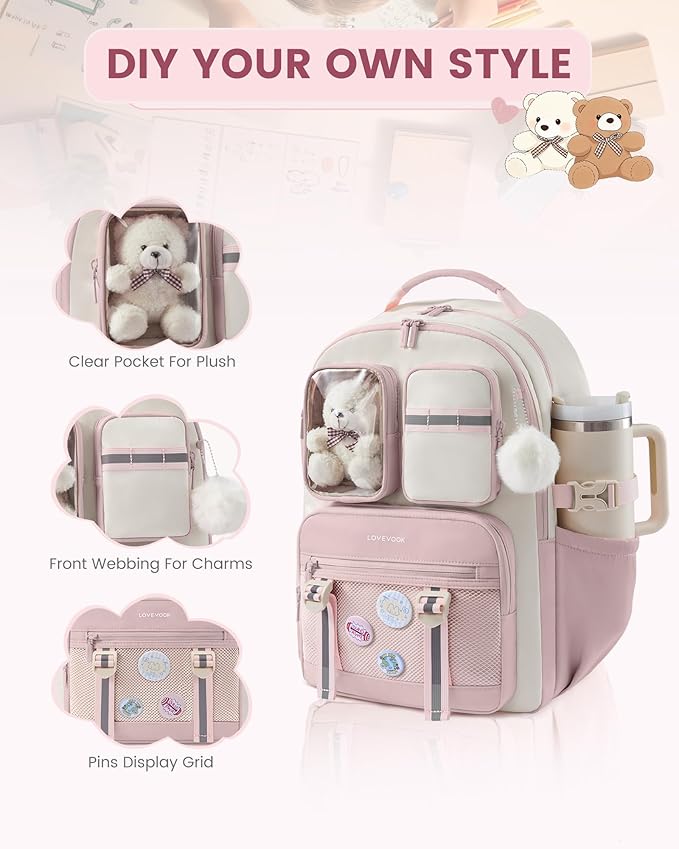 LOVEVOOK Cute School Backpack for Girls Ages 8-14, Bookbag with Plush Bear & Clear Display Pocket, Fits 15.6 Inch Laptop & 40oz Tumbler, Back to School Backpack for Elementary & Middle School