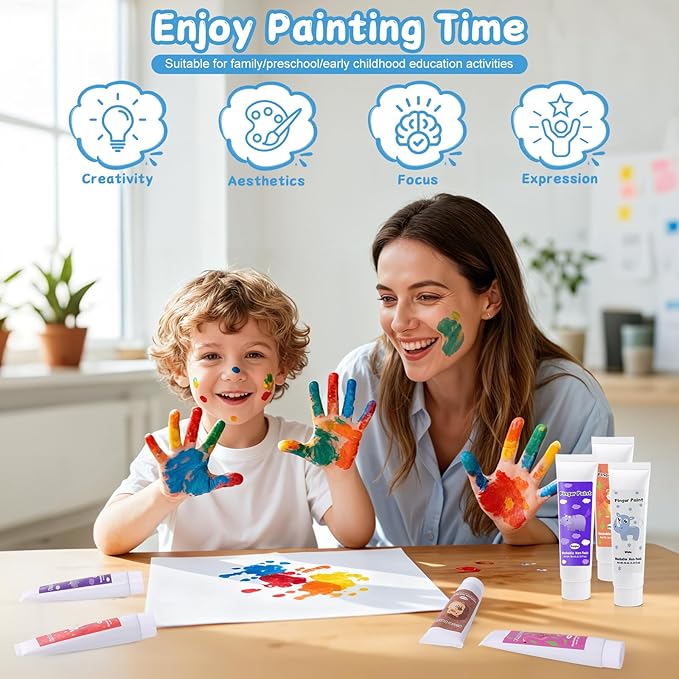 Washable Finger Paint for Toddlers 1-3, Non Toxic Kids Finger Paint Set, 12 Vibrant Colors (1.22 fl oz), Baby Safe Toddler Art Supplies, Sensory Preschool Learning Easter Gift for Boys Girls
