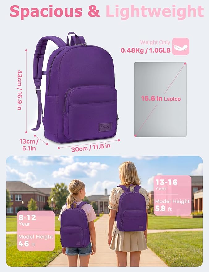 VASCHY School Backpacks, Lightweight Bookbag Schoolbag for Girls Casual Basic Simple Daypack for Women Purple