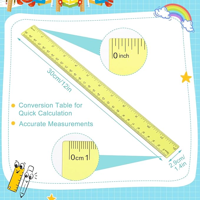 EBOOT 2 Pack Plastic Ruler Straight Ruler Plastic Measuring Tool for Student School Office (Yellow,12 Inch)
