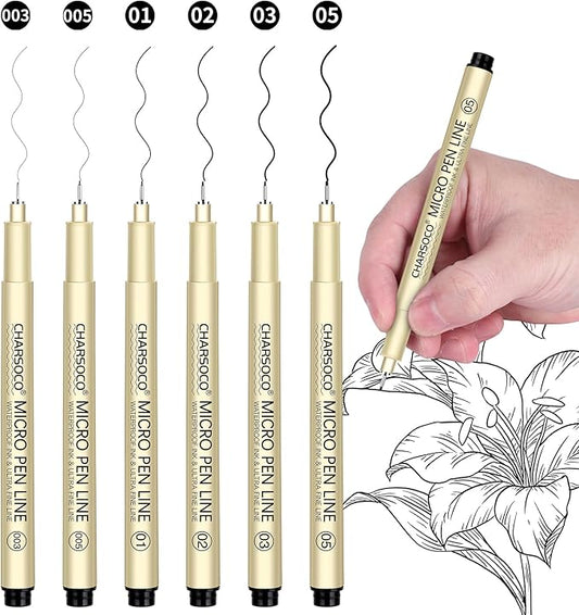 Black Micro Pens, 6 Sizes of Fine (003), Waterproof Archival Ink, Fine Point Pen for Artist Illustration, Sketching, Anime, Manga and Technical Drawing