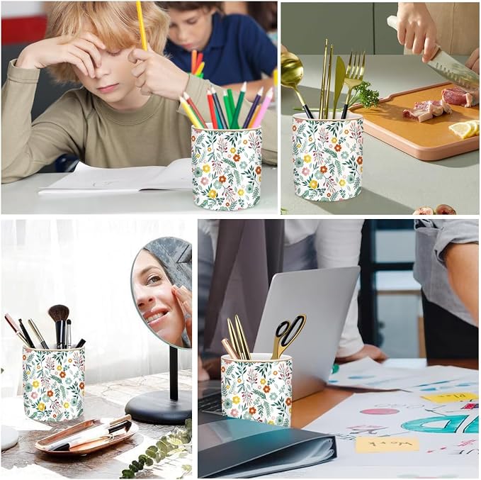 Desk Pen and Pencil Holder, Ceramic Multifunctional Organizer for Home, Office, and School, Green Floral Pattern