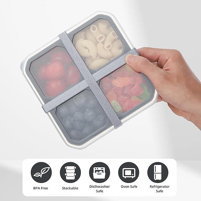 BEFOY 4-Pack Stainless Steel Snack Containers – 4 Compartment Leak-Proof Bento Box for Meal Prep, School, Picnic & Travel – Nestable & Reusable for Kids & Adults (grey, 2)