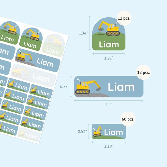 Personalized Daycare Name Labels (84) – Daycare Labels & Name Stickers for Kids – Labels for Kids Stuff Daycare – Waterproof for Baby Bottles, Clothing & Lunch Boxes - Excavator