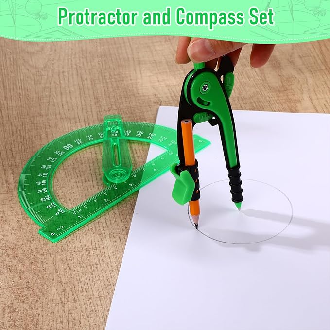 Zonon 2 Pcs Student Protractor and Compass, Student Geometry Math Set Drawing Compass and 180 Degree 6 Inch Protractor with Swing Arm for Drawing Measuring School Office (Green)