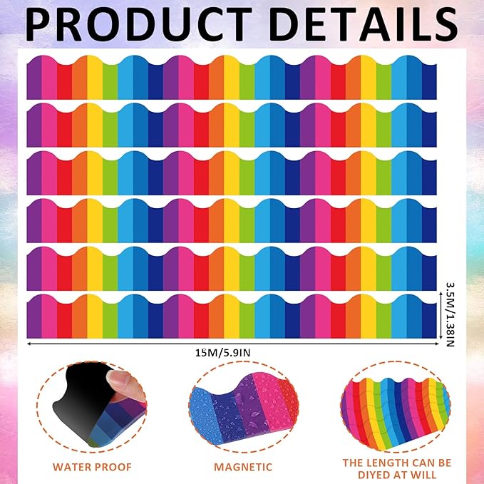 Fuyoooo 49 ft Rainbow Magnetic Borders for Classroom, Pencil Bulletin Board Borders Magnetic Whiteboard Classroom Strips Reusable Rolled Wall Trim for School Teacher Offices Chalkboard