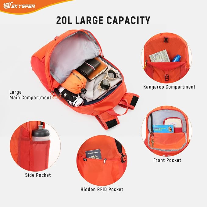 SKYSPER Small Packable Hiking Backpack 20L Anti-theift Travel Daypack | RFID Ultralight Foldable Walking Backpack with Water Bottle Holder, Nylon, Multi-compartment, Everyday Carry for Men Women