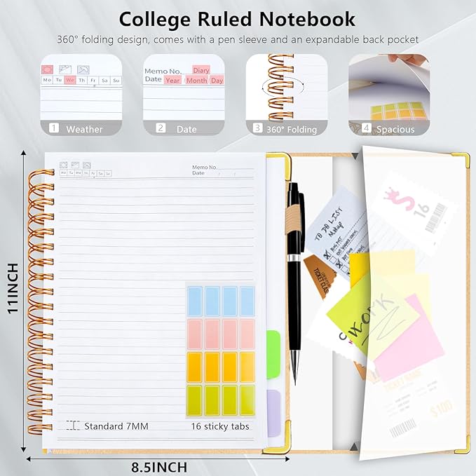 Hardcover Spiral Notebook College Ruled, 8.5"x11" Leather Journal Notebook with Magnetic Closure, 300 Pages 5 Subject Notebook with Dividers Tabs Journal for Women Men, Work, School(Golden)
