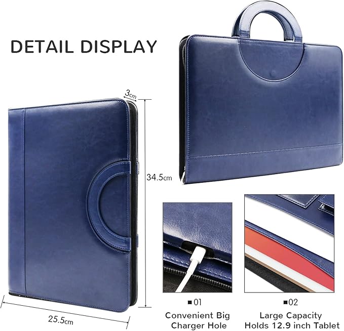 Darolin Vegan Leather Padfolio Portfolio with Handle & Clipboard, Zippered Business Portfolio Organizer for Meetings, Interviews & Travel, Fits A4 & Letter Size, Padfolio for Men Women (Blue)