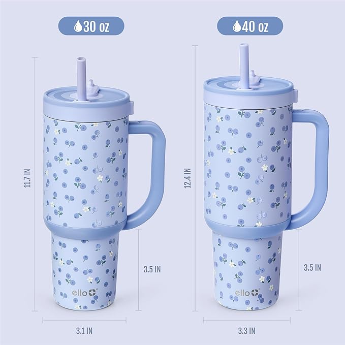 Ello Oasis 40oz Tumbler with Handle & Retracting Straw | Reusable Insulated Stainless Steel Cup 100% Leakproof | Gifts for Teens Women Men | Keeps Cold for 24 Hours | Cup Holder Friendly | Blueberries