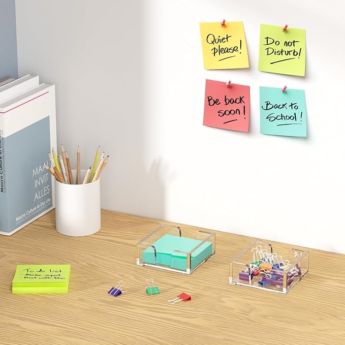 WINFFOR Acrylic Notepad Holder Dispenser - 3x3 in Sticky Note Memo Holder for Desk Organizer (W/O Pads) Office Desk Accessories School Supplies, Crystal Clear