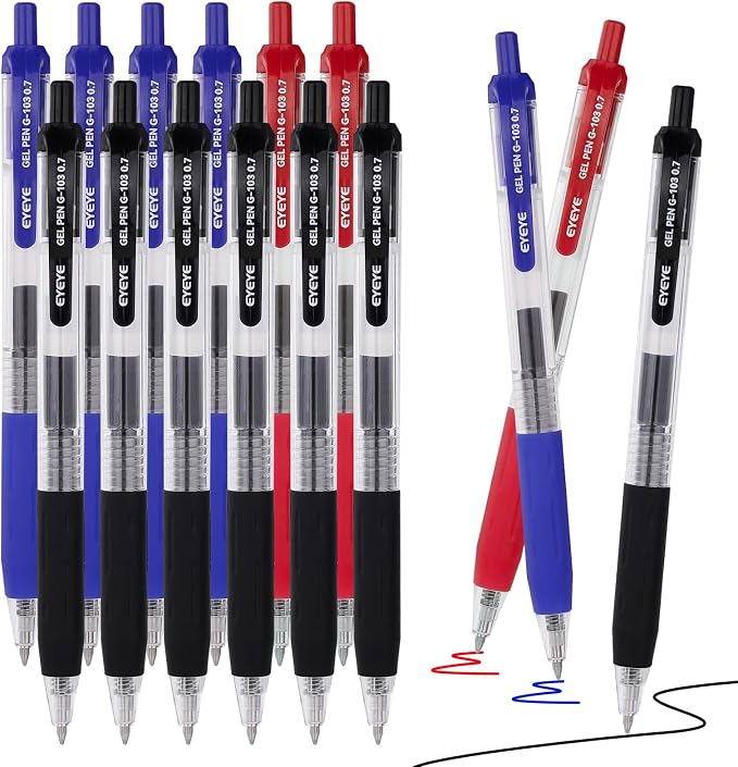 EYEYE G-103 Gel Pens 7 Black 5 Blue 3 Red, Retractable, 0.7mm Medium Point | Quick Drying, Ballpoint Pen Fine Point Smooth Writing Pens for Office Supplies, Black to School