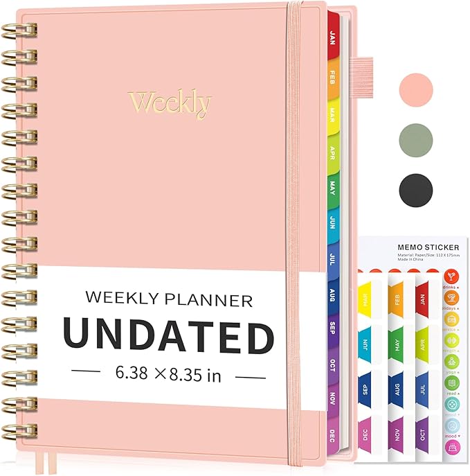 EMSHOI Undated Planner, Weekly and Monthly Calendar, 53 Weeks and 12 Months, A5 (6.38" x 8.35"), 100GSM Thick Paper, PVC Cover, Monthly Tabs, Note Pages, Start Anytime