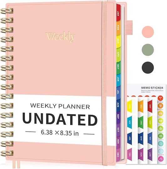 EMSHOI Undated Planner, Weekly and Monthly Calendar, 53 Weeks and 12 Months, A5 (6.38" x 8.35"), 100GSM Thick Paper, PVC Cover, Monthly Tabs, Note Pages, Start Anytime