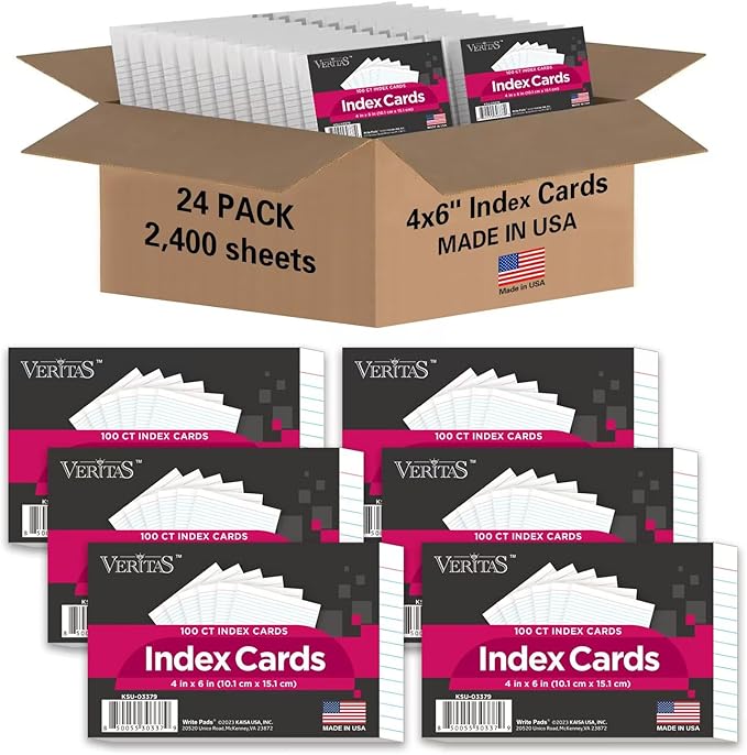 WritePads Index Cards Bulk, 2400 Flash Cards (24 Packs of 100), Wide Ruled Notecard, Blank Back Note Cards, Lined Flashcards for Studying School Home and Office, Made in USA (4x6)