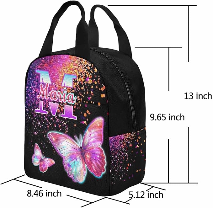 M YESCUSTOM Custom Girls Backpack Lunch Bag Set with Name, Pink Black Butterfly Personalized Kids Backpack for Girls School Travel Kindergarten Bookbag with Water Bottle Pencil Pouch