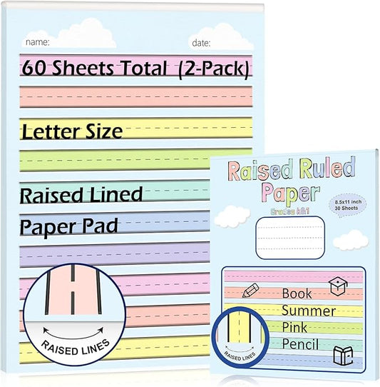 2 Pack 8.5"×11" Raised Lined Writing Paper Pad for Practice 0.65" Spacing Tactile Handwriting Paper Letter Size Multi-Color Write Beginner Paper for Kids ADHD Dysgraphia Kindergarten 30 Sheets/Pad