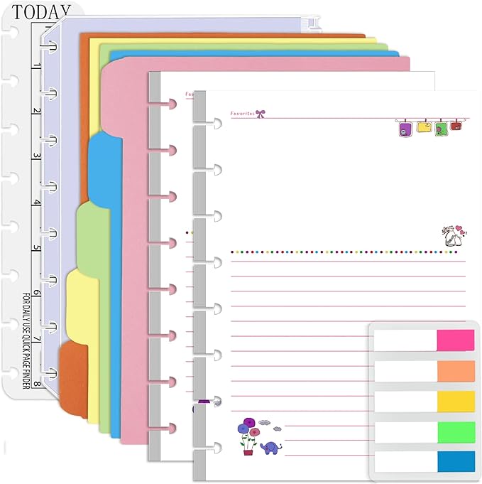 Rancco Discbound Notebook Refills, 180 Pages 8 Hole Punched Half Letter Lined Paper Inserts w/Index Tabs, Index Dividers, Loose-Leaf Bag, Ruler For Circa, Arc, TUL, Happy Planner, 5.5x8.5"
