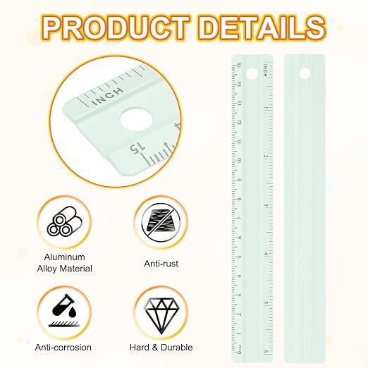 HARFINGTON Metal Straight Ruler 6 Inch(15cm) Metric Aluminum Alloy Measuring Rulers Scale Tool with Hole for Measure Study Reading Classroom Office, Light Green