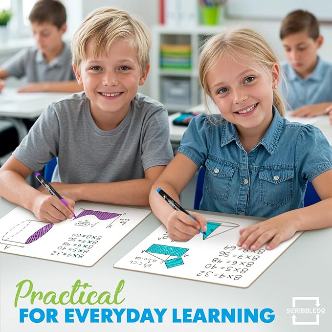 Scribbledo Small Dry Erase Boards for Students, 6 Pack 9 x 12 Double Sided White Boards with 6 Erasers, Student White Boards for Classroom, Personal Whiteboards for Kids, Mini Lap Boards