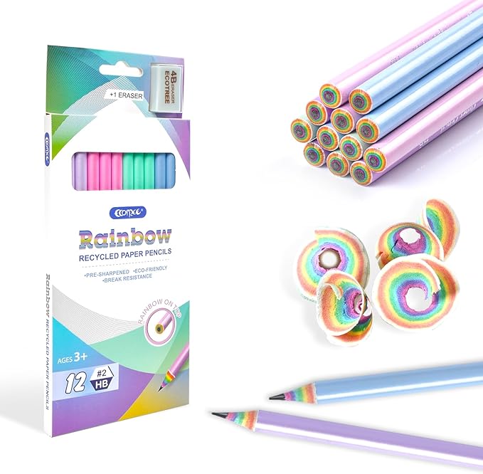 ECOTREE Pre-Sharpened Pencils #2 Eco Rainbow Paper Pencil for Kids Cute Number 2 Pencils with Erasers for School, Writing,12 Count