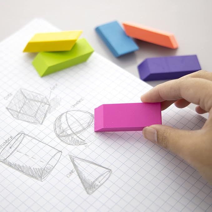 BAZIC Products Erasers + Pencil Top Erasers Set (12/Pack), Block Bevel Erasers Neon Color, Arrowhead Caps Tops, Latex Free, for Art Drawing School, 2-Packs