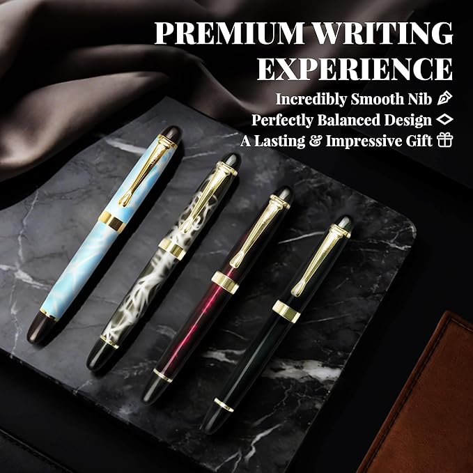 YUNCHUN Marble Fountain Pen for Writing, Refillable Luxury Metal Pens with Ink Pen with 10 Black and 10 Blue Ink Refills, Business Writing Fountain Pen for Men and Women, Marble Black & Red