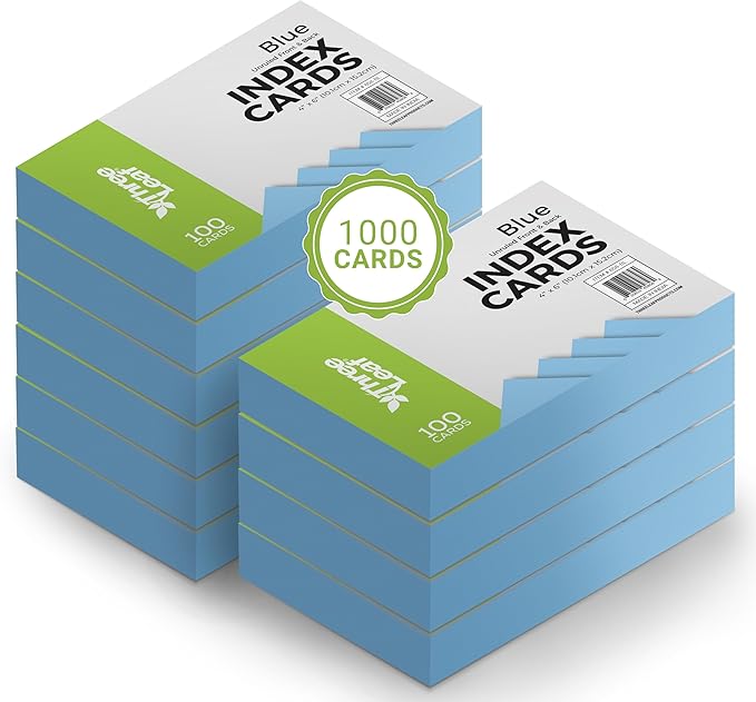 THREE LEAF 4 X 6, INDEX CARDS UNRULED, 1000 CT. (100 x 10) BLUE, Blank Flash Cards, Study Card, Memo Pad, For To-Do List, Art And Craft Projects