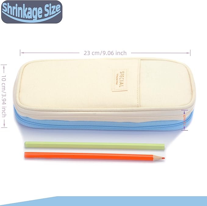 Large Capacity Canvas Pencil Case Organizer Holder Pouch Bag with Zipper Compartments, Pen Cases for Women Girls School Adults (Beige/Blue)