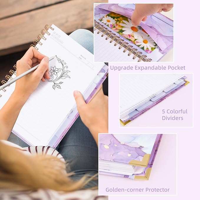 A4 Spiral Notebooks for Work, 300 Pages Lined Spiral Journal Notebook, 5 Subject College Ruled Journals for Writing, 11”x9.25''Journaling Notebooks for School Office Supplies (Pink&Purple)