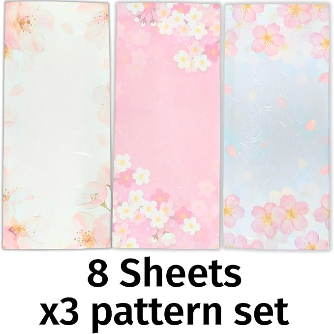 Japanese Cherry Blossom Envelopes 24 Pack (8 Pack x 3 Different Design Set), Made in Japan, Elegant Washi Paper, Self Sealing, Sakura