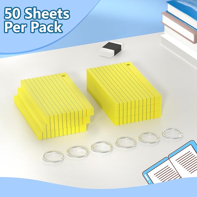 Index Cards 3x5 Inch With Ring, 300 Count, Ruled Yellow Index Card, 180GSM Flash Cards College Ruled for Students, Teachers, Study Note Card for Office, Home, School, Office