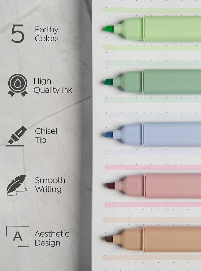 BLIEVE Bible Highlighters No Bleed Through, Chisel Tip, 5 Pack | No Smear, Quick-Dry, Aesthetic Cute Pastel Colors For Bible & Journaling (Earthy Edition)