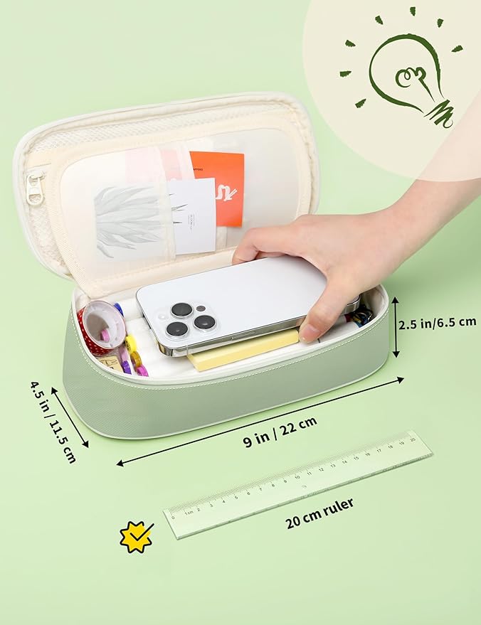 SUNEE Cute Pencil Case, Aesthetic Pen Pouch, Colored Large Pencil Bag with Zipper, Kawaii Stationery Storage and Organizer, School Supplies for Teen and Adult Girls, Green