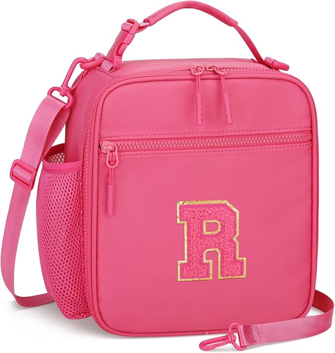 Initial Insulated Lunch Bag for Girls Kids, Back to School Gift, Reusable Leak-proof Lunch Box with Adjustable Strap for School Daycare Travel Picnic (Rosy Red,R)
