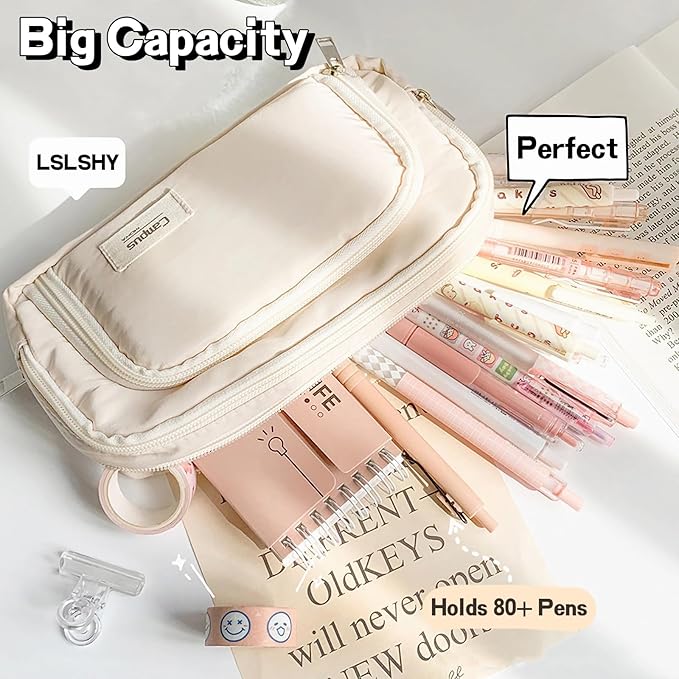 LSLSHY Big Capacity Pencil Case Large Three-ply Zipper Pen Pouch Office School Stationery Supplies for Teen Girls Boys Students (Beige)