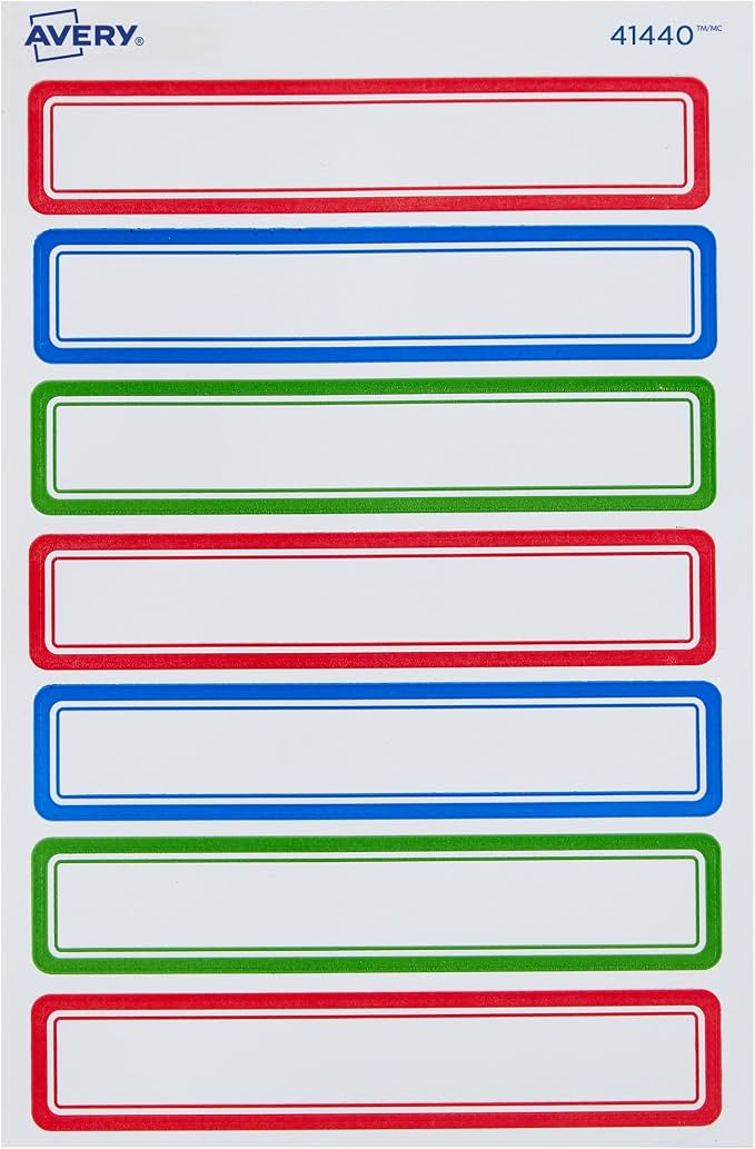 Avery Durable Labels for Kids' Gear, 5/8" x 3-1/2", Assorted Border Colors, Water-Resistant Labels, 35 Total (41440)