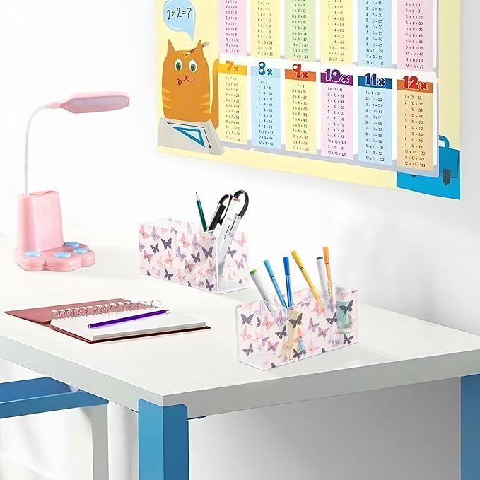 Aslsiy Butterfly (31) Pen Holder for Kids 4 Compartments Acrylic Pencil Holder Clear Makeup Brush Holder Desk Organizer Office Supplies