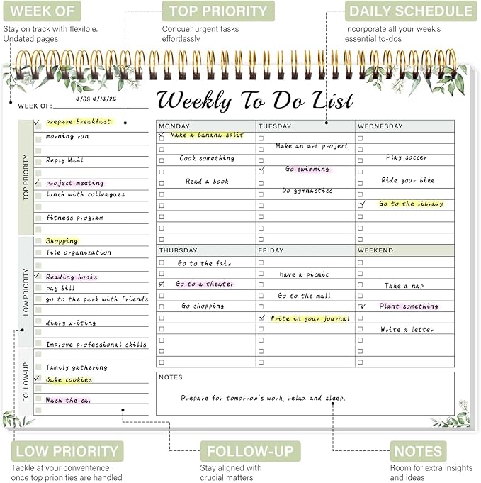 Weekly To Do List Notepad with 52 Undated Sheets（8.5"×11"）- Undated Weekly Desk Planner for Women & Man, School/Office Supplies