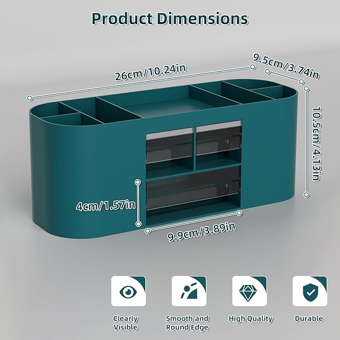 Marbrasse Pen Holder for Desk with 3 Drawers, Multi-Functional Pencil Holder, Desk Organizers and Accessories with 7 Compartments for Home, School, Classroom (Dark Green)
