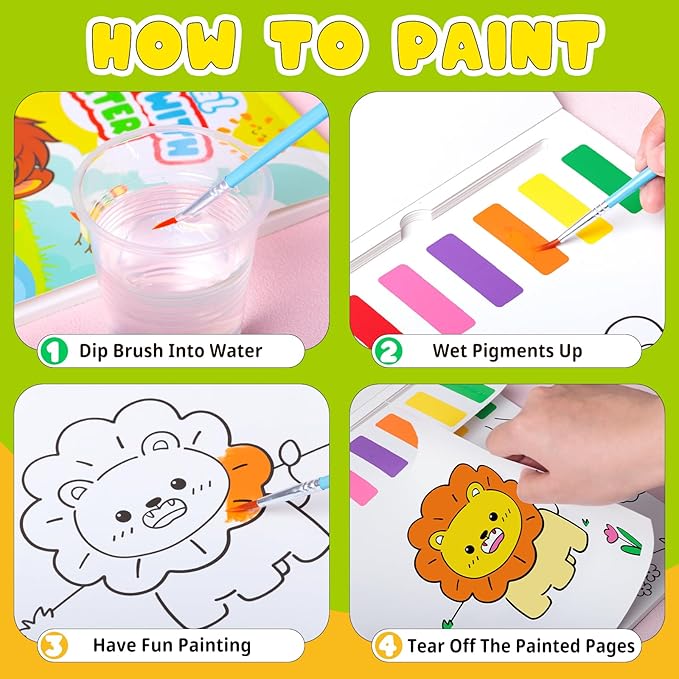 Fenmay Paint with Water Books for Kids - Mess Free Watercolor Paint Sets with 2 Premium Brushes for Kids Ages 3-5 4-8, Arts and Crafts Drawing Activities, Toddler Birthday Gift（Animal）