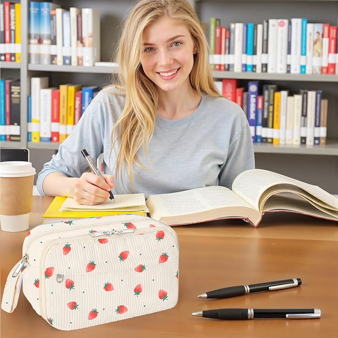 WOBAGMEN Cute Pencil Case,Large Corduroy Zippered Pencil Case Pouch, aesthetic Pencil Bag with Compartments, Pencil Pouch School Supplies (Tiny Strawberry)