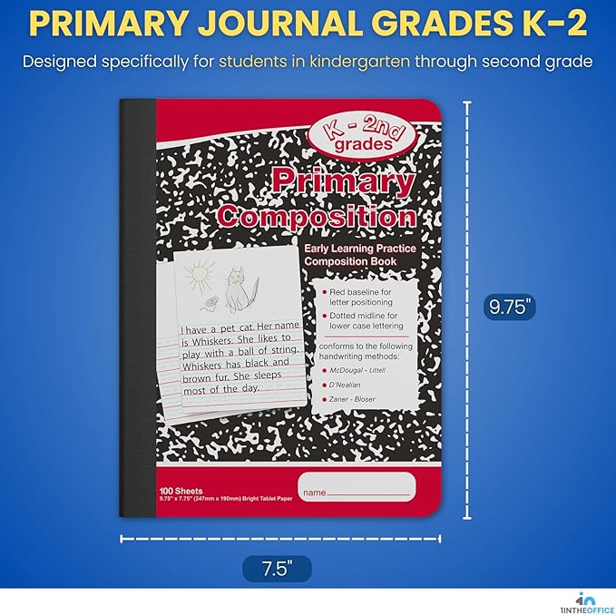 1InTheOffice Primary Composition Notebook K-2, Primary Journal, Kindergarten Notebook, 7.5" x 9.75", 100/Sheets, Red/Black Marble, 4 Pack