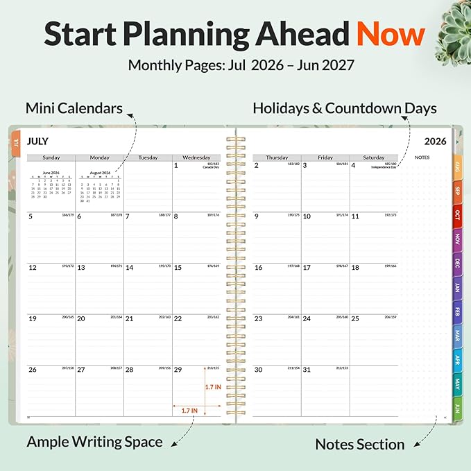 SUNEE Academic Planner 2026-2027 – Weekly & Monthly Planner, July 2026 to June 2027, 8.5"x11", Thick Paper, Tabs, Pockets, Bookmark, Spiral-Bound, Student Teacher Organizer, Green Wildflowers