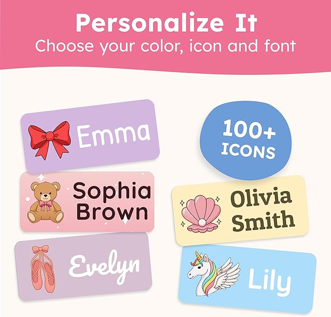 Personalized Name Labels for Kids (140 Labels) - Durable & Waterproof Custom Name Stickers for Clothing Tags, School Supplies, Camp & Daycare - Rainbow (1.2”x0.5”)
