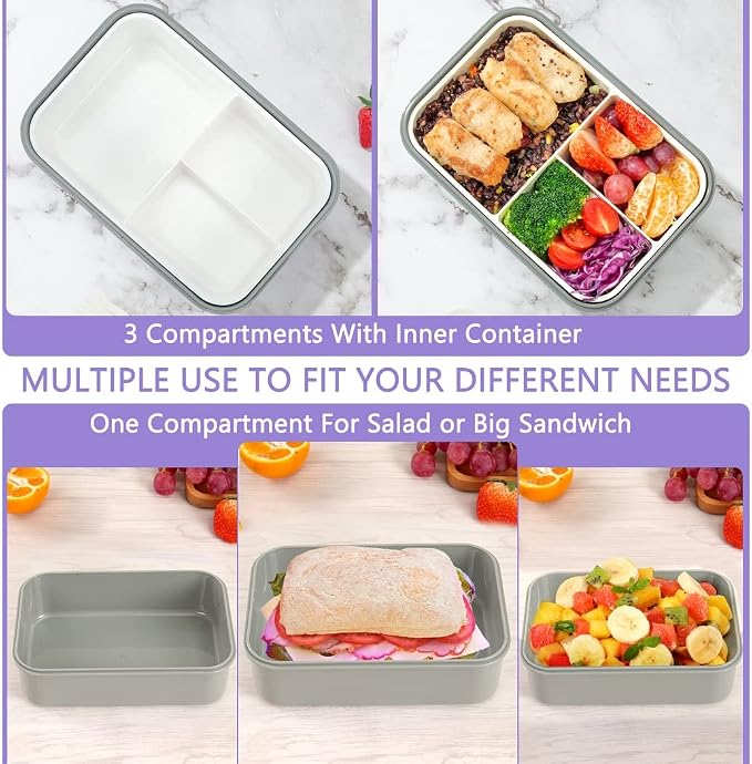 LOVINA Bento Box for Adults-1100ML Bento Lunch Box Container For Kids Teens | Built-in Spoon & Fork - Durable Perfect Size for On-the-Go Meal, BPA-Free and Food-Safe Materials(Grey)