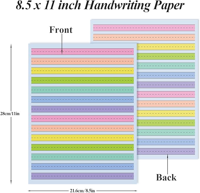 8.5" x11" Double Side Colored Primary Writing Paper for Kids with ADHD - 50 Sheets/100 Pages Handwriting Paper, 0.5" Multi-Color Raised Line Paper Kindergarten Practice Tactile Writing Papers