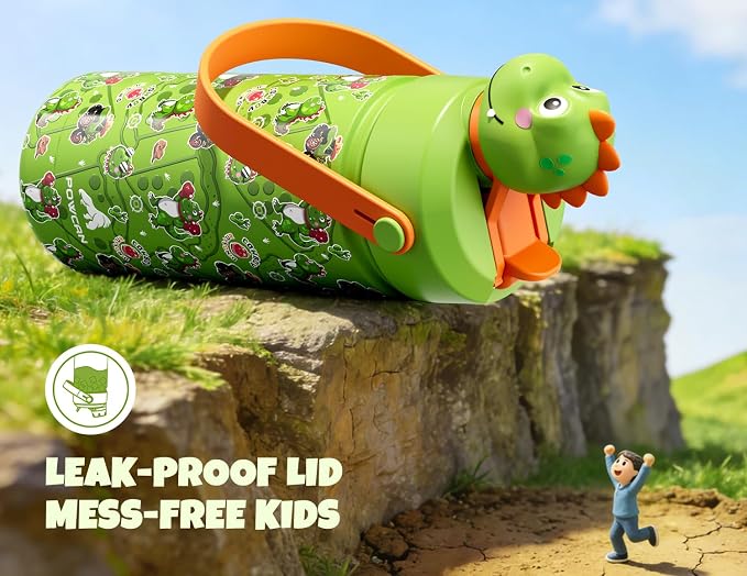 POWCAN Kids Water Bottle for School: 2-in-1 Straw Spout Lid with Soft Animal Head, Leakproof, Backpack Friendly, Keep Cold 24H, Insulated cup for Sports, Playground, Holiday Gift, Cowboy Rex 18 Ounces