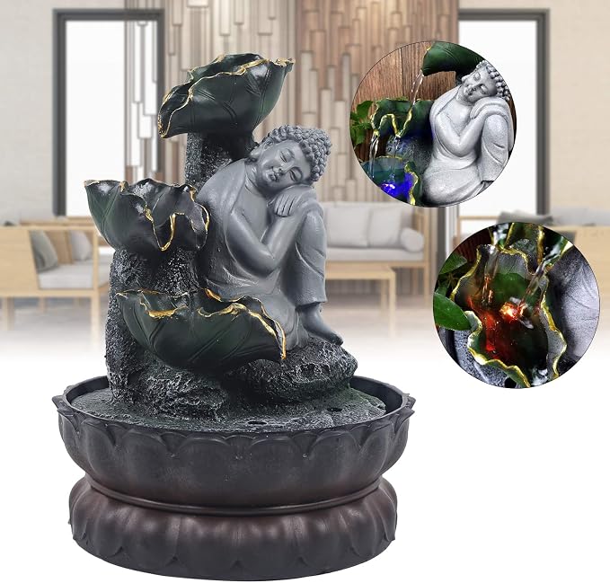 Indoor Fountain Rockery Tabletop Fountain with Buddha Water Feature | Meditation Desktop Fountains for Home Office Decor or Giving 8.1'' x 8.1'' x 11'' with LED Light